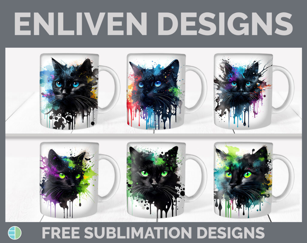 FREE watercolor black cat sublimation mug designs